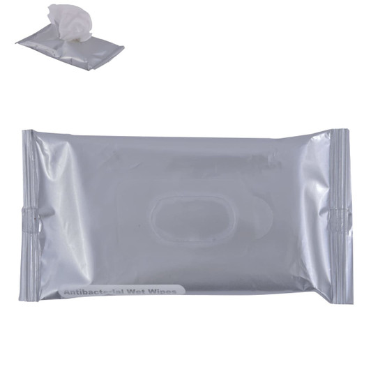 A silver packaging of antibacterial wet wipes with a white wipe partially pulled out. Features a logo on the front.