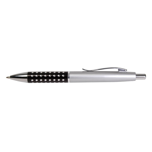 A metal pen featuring a sleek silver design with a black dotted grip and a clip.