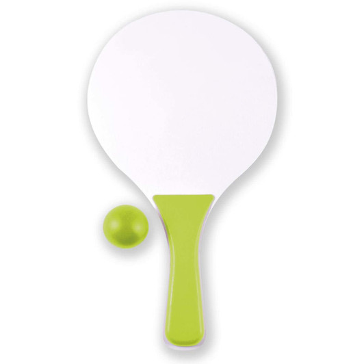 A paddle and ball set featuring a large white paddle with a green handle and a small green ball.