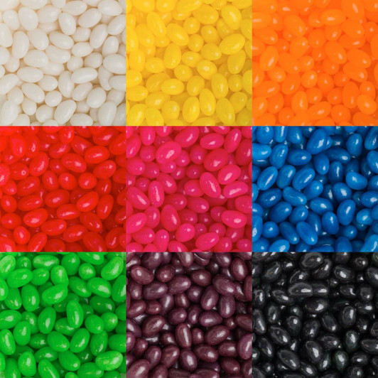 A collection of jelly beans in various colours, including white, yellow, orange, red, blue, green, pink, purple, and black.