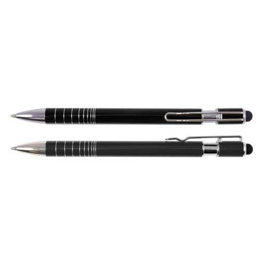 A black stylus pen with a silver clip and accents, featuring both a pen tip and a stylus tip.