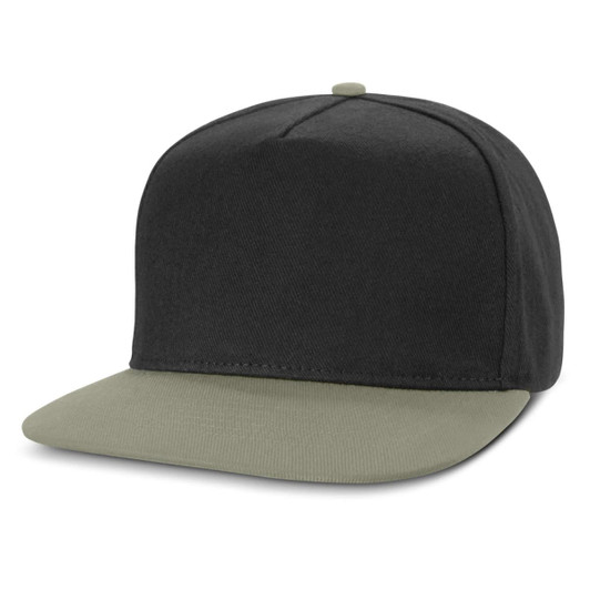 A flat peak cap in a black body with a green brim, designed for casual wear.