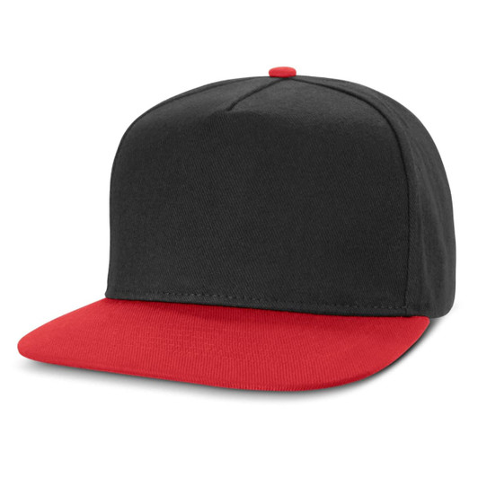 A Crusade Flat Peak Cap featuring a black body and a red visor.
