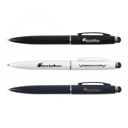 Three metal pens are displayed: one black, one white, and one navy, each featuring branding.