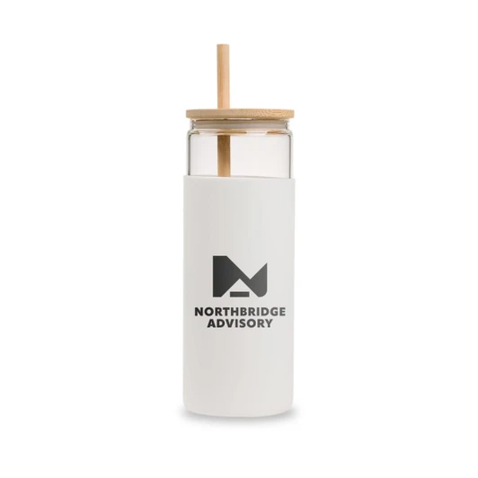 A glass tumbler with a white frosted exterior, wooden lid, and straw, featuring a logo.