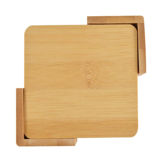 A set of six bamboo coasters in a natural wood color with a simple, square design and a branding logo.