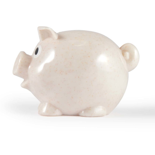 A cream-colored piggy bank with a round body, small ears, and a tail, featuring a cartoonish eye.