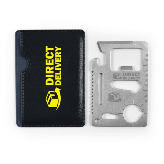 A metallic multi-tool with various functions sits beside a black pouch with a logo.