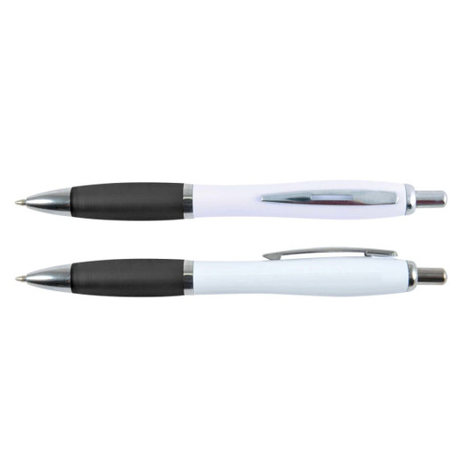Two Viva Pens with a white barrel and black grip are displayed, featuring a sleek design and chrome accents.