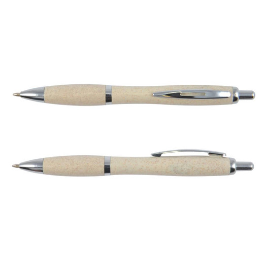 A beige eco-friendly pen with chrome accents, featuring a sleek design and a clip on the side.