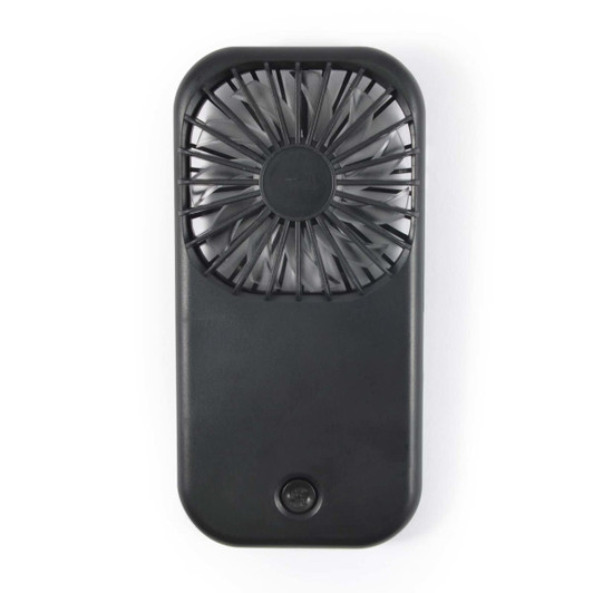 A portable black fan with a circular grill and a sleek rectangular body, featuring a logo.