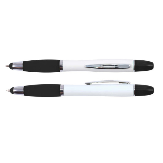 A stylus pen and highlighter combo in a sleek design featuring a white body with black accents and grip.
