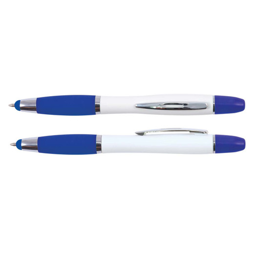 A stylus pen and highlighter in white and blue, featuring chrome accents and a logo.