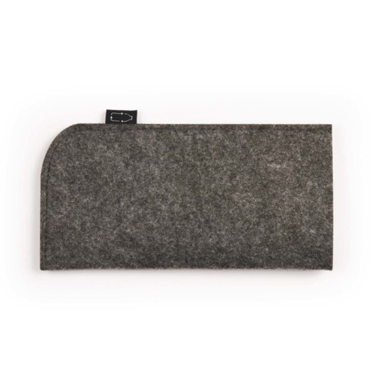 A gray felt pouch with a rounded edge and a tag, designed for holding sunglasses.