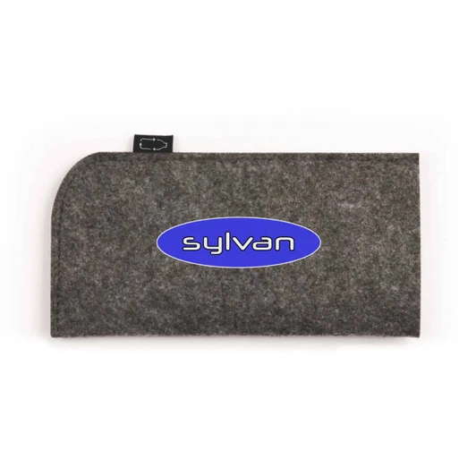 A grey felt case featuring a logo, designed for sunglasses and accessories.
