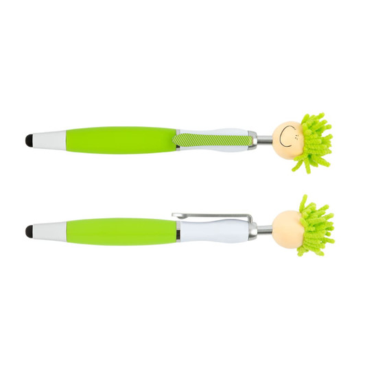 A green Mop Top pen and stylus featuring a smiley face and fuzzy hair. Includes a stylus tip and a clip.