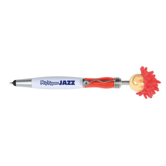 A stylus pen with a red fuzzy top and a smiling face, featuring a clip and a logo.