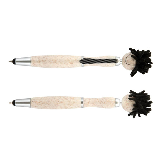 A stylus pen with a beige body and black mop-top design, featuring a silver accent and a branding logo.