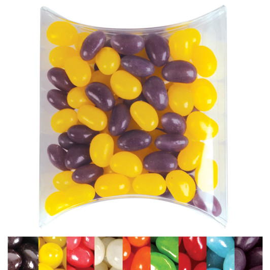 A pillow pack filled with yellow and purple jelly beans, featuring a variety of colors in the background.