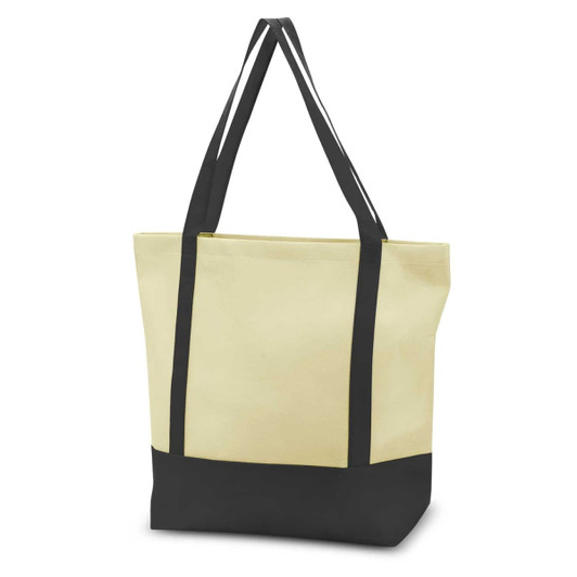 A yellow tote bag with black accents and dual shoulder straps. It features a branding logo.