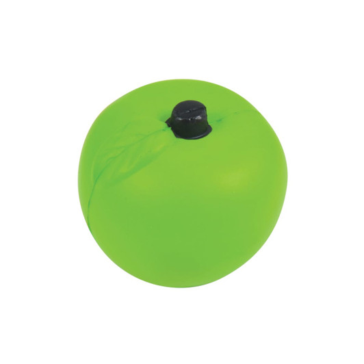 A bright green apple-shaped stress reliever with a black top. It has a smooth, squishy texture.