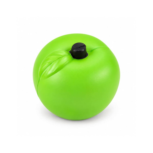 A green apple-shaped stress reliever with a textured leaf and a black nozzle on top.