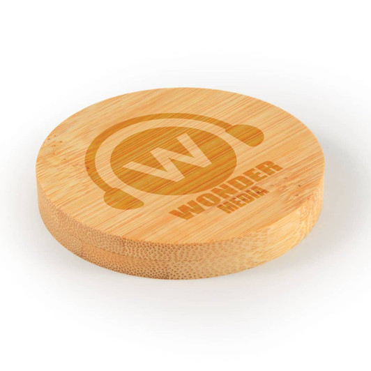 A drink bottle coaster in a round shape made of bamboo, featuring a logo design.