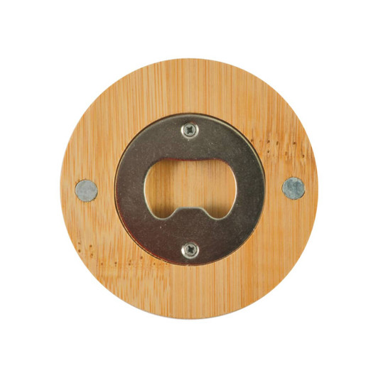 A circular bamboo bottle opener coaster with a silver metal opener in the centre and two screws.
