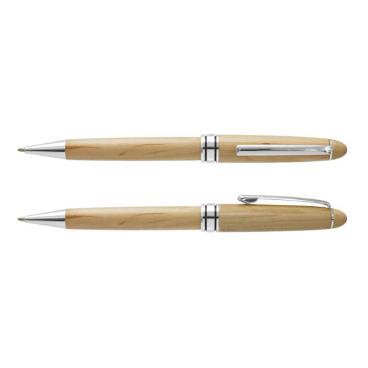 A wooden pen with metallic accents, featuring a natural wood finish and a sleek design.