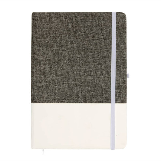 A dark gray notebook with a textured cover, featuring a white bottom section and an elastic band closure.