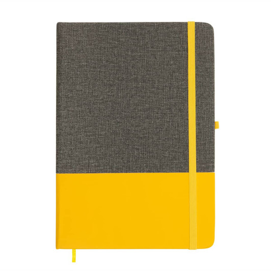 A grey and yellow A5 notebook with a flexible cover and an elastic closure, featuring a logo.