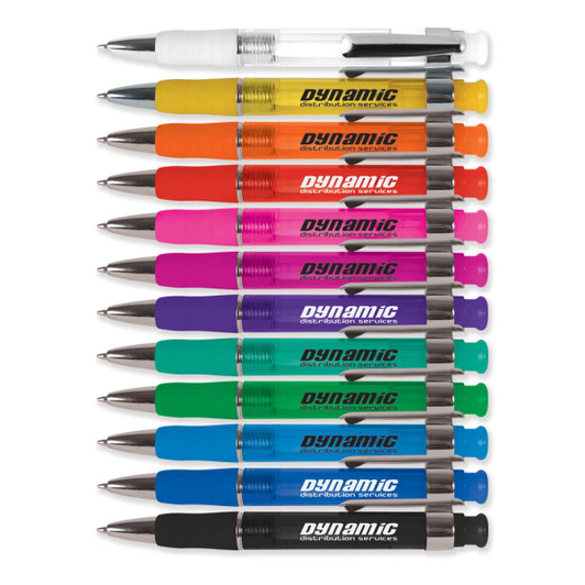A collection of colorful plastic pens arranged in a row, featuring various vibrant colors and a logo.