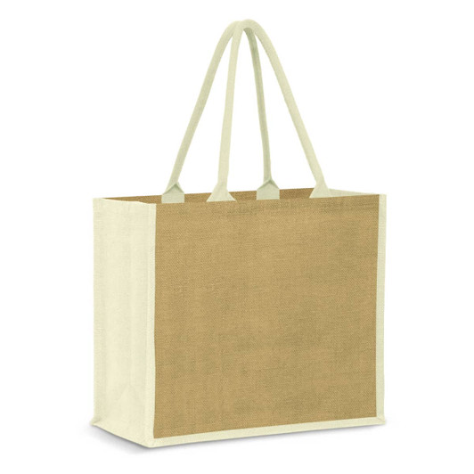 A jute tote bag in natural brown with light cream handles and sides, featuring a simple branded logo.