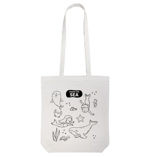A white tote bag featuring an underwater scene with marine animals and a logo. Ideal for colouring and creativity.