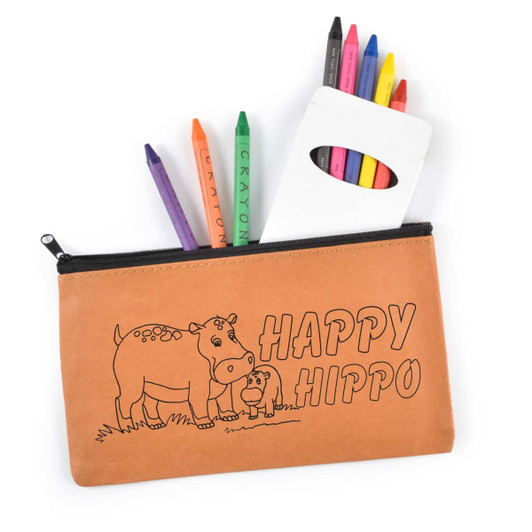 A pencil case in orange with a hippo design, containing various coloured pencils and crayons in bright colors.