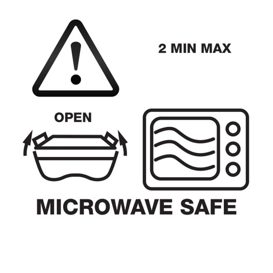 A food container design featuring microwave-safe symbols and instructions for use. It includes a caution symbol and usage guidelines.