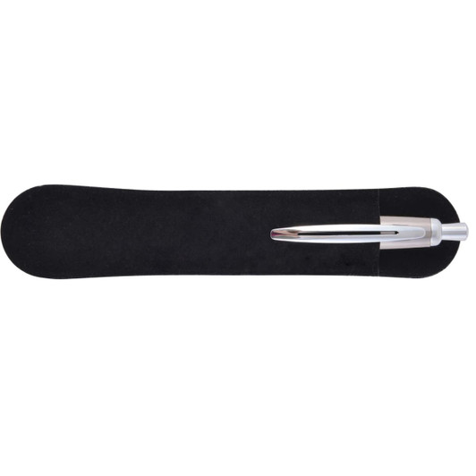 A silver metal pen rests on a black velvet surface, showcasing its sleek design. The image includes a logo.