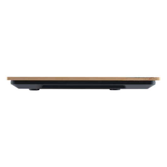 A sleek Hercules Kitchen Scale with a minimalistic design featuring a wooden platform and a black base.