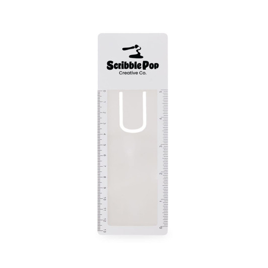 A transparent bookmark magnifier ruler with a white design and a branding logo at the top.