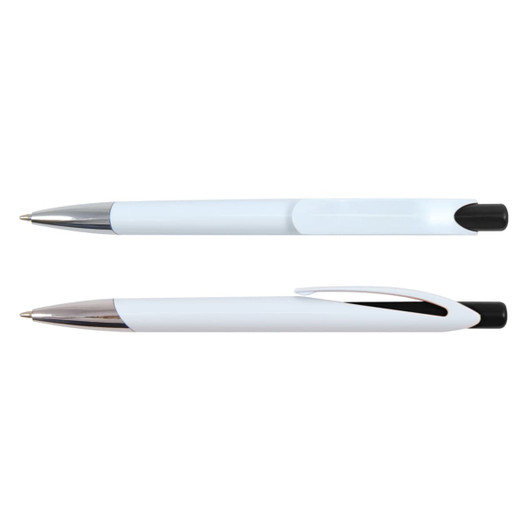 A set of Falcon Pens in white and black, featuring a sleek plastic design and chrome accents.
