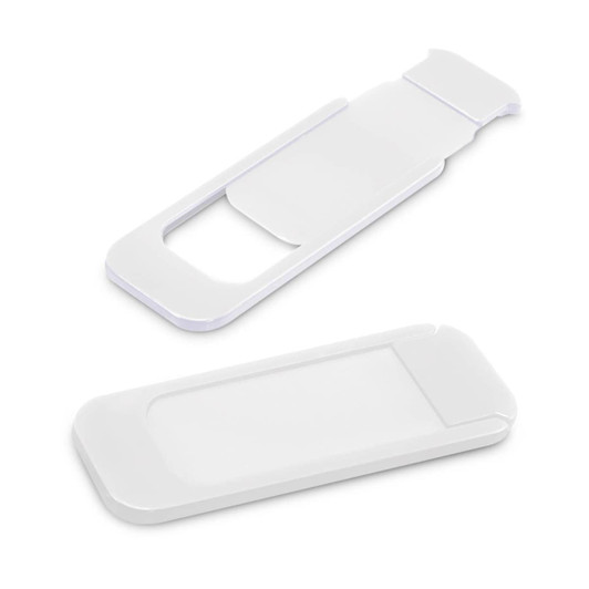 A white webcam cover designed to slide open and closed, featuring a sleek and minimalist design.