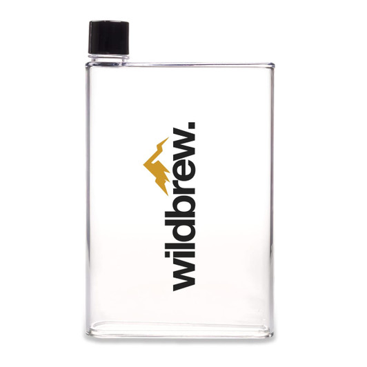 A drink bottle in clear plastic with a black lid, featuring a logo in black and gold.