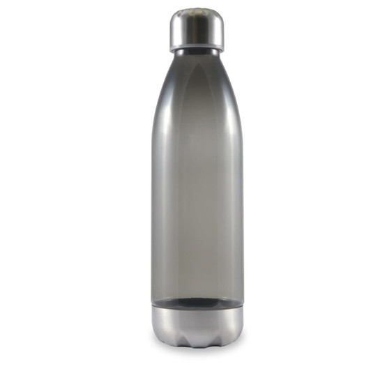 A drink bottle made of transparent material with a sleek design and a metallic base.