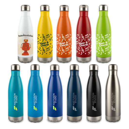 A collection of stainless steel drink bottles in various colors including yellow, orange, red, green, blue, navy, and silver, featuring different designs and logos.