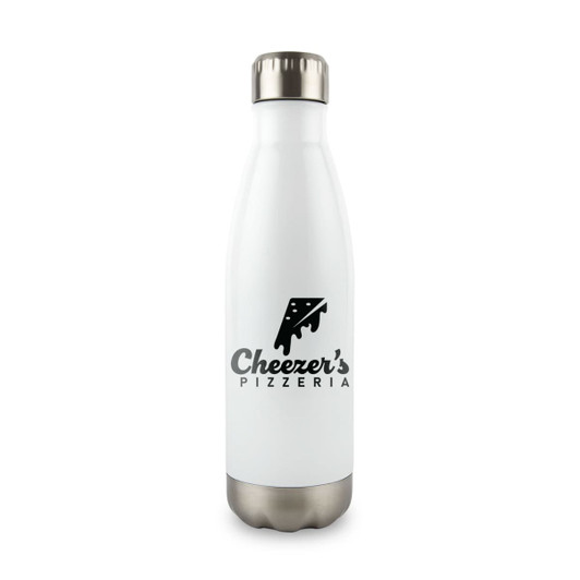 A drink bottle in white with a stainless steel base and a logo design on the front.