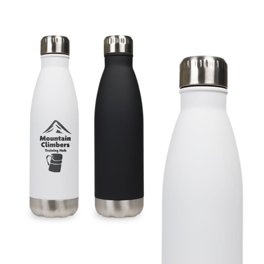 A drink bottle featuring a sleek, stainless steel design in black and white, with a logo displayed on the white bottle.
