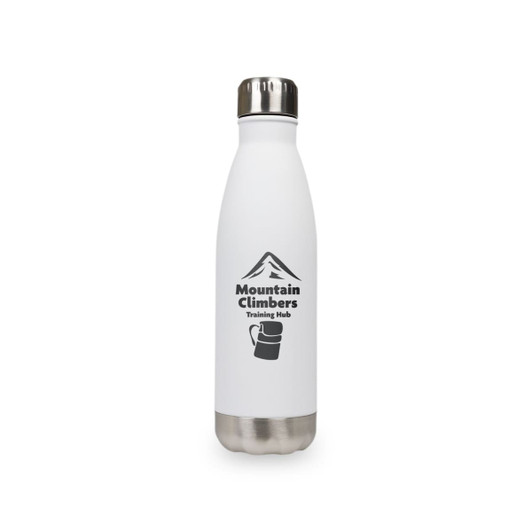 A drink bottle in white with a stainless steel base, featuring a logo and mountain graphic.