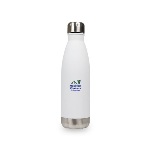 A drink bottle with a sleek white finish and a stainless steel base, featuring a logo on the front.