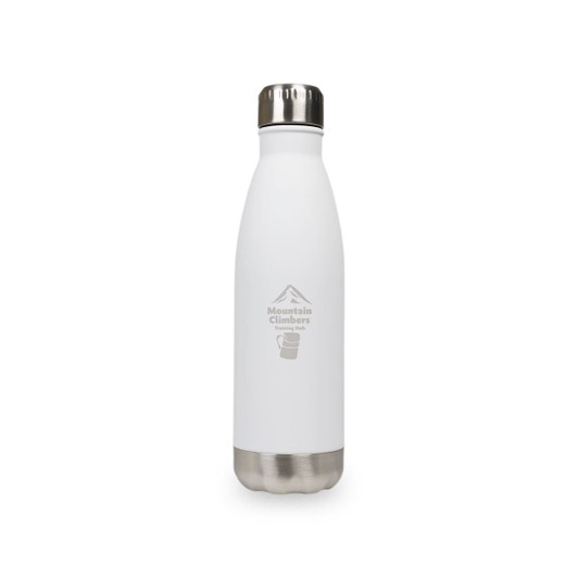 A drink bottle in white with a stainless steel base, featuring a logo and a sleek design.
