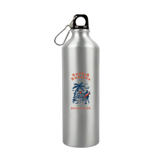 A drink bottle in silver aluminum with a logo featuring a beach scene and a clip for attachment.